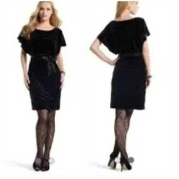 White House Black Market Dress Women's Size 6 Velvet Satin Belt Flutter Sleeves - Picture 1 of 13